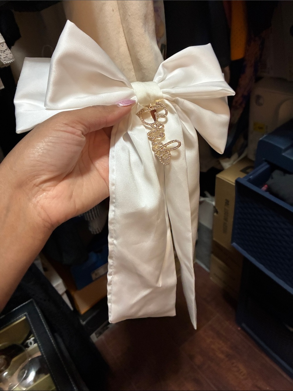 Target White Satin Bow Hair Clip with Gold 'Bride' Charm